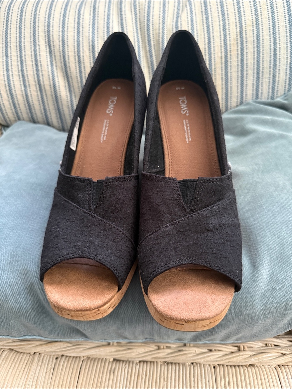 TOMS Black Open-Toe Wedge Espadrilles